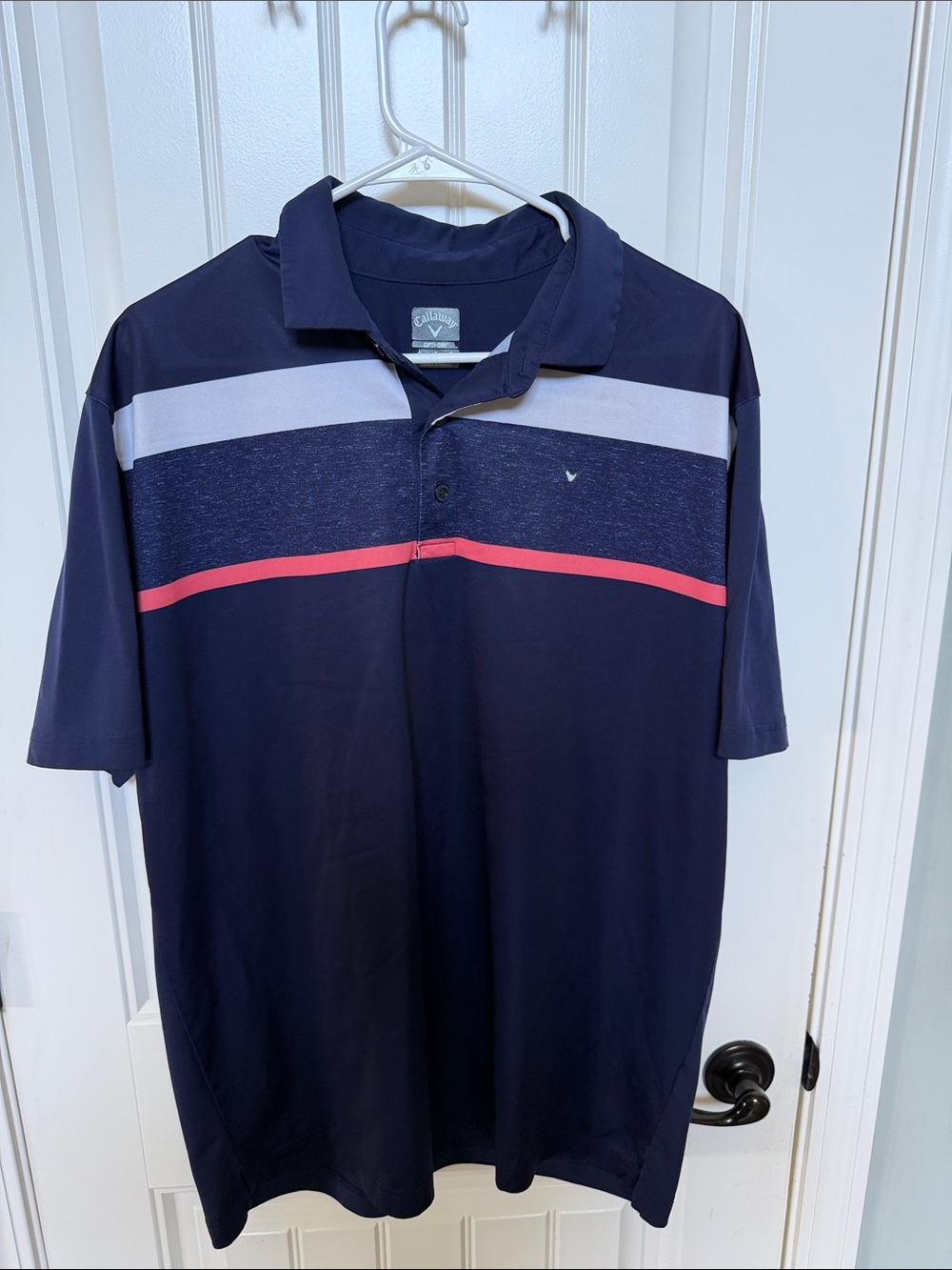 Callaway Navy Polo with White and Coral Stripes